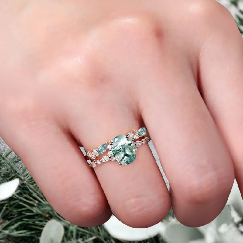 Vintage Unique Moss Agate Ring Set 14K Rose Gold Oval Cut Women Danity Moss Agate Moissanite Promise Ring Set