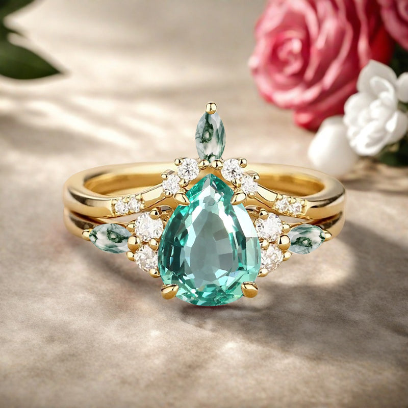 6*8mm Pear shaped Tsavorite engagement ring set engagement ring Solid 14K Moissanite Gemstone vintage Bridal anniversary gift for women