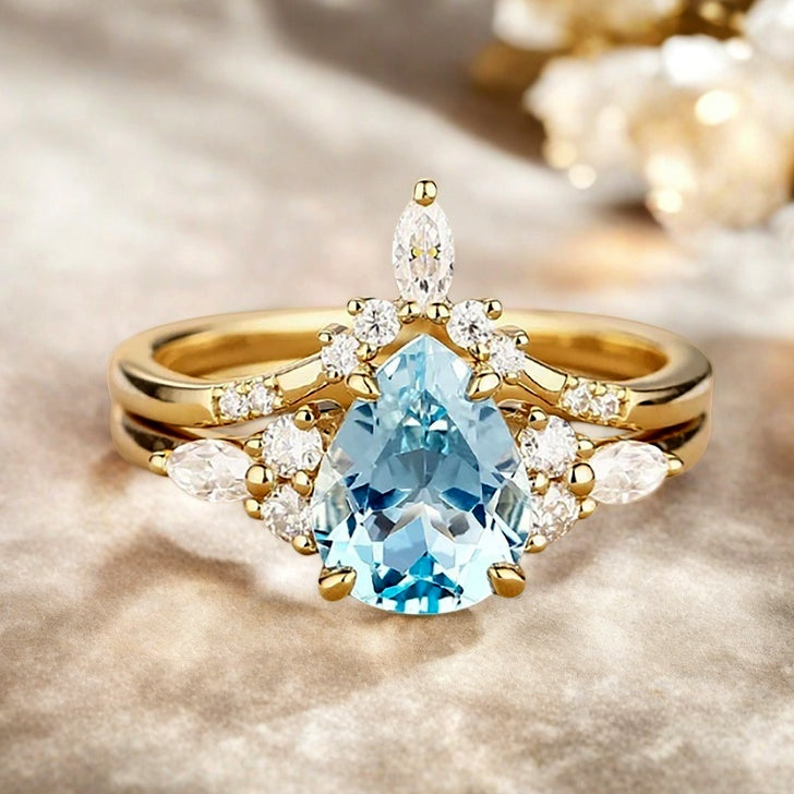 6*8mm Pear shaped Aquamarine engagement ring set engagement ring Solid 14K Moissanite Gemstone vintage Bridal anniversary gift for women