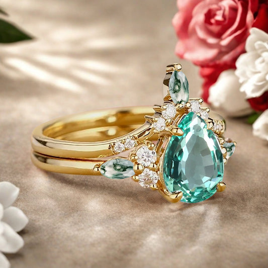6*8mm Pear shaped Tsavorite engagement ring set engagement ring Solid 14K Moissanite Gemstone vintage Bridal anniversary gift for women