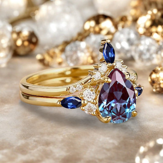 6*8mm Pear shaped Alexandrite engagement ring set engagement ring Solid 14K Moissanite Gemstone vintage Bridal anniversary gift for women