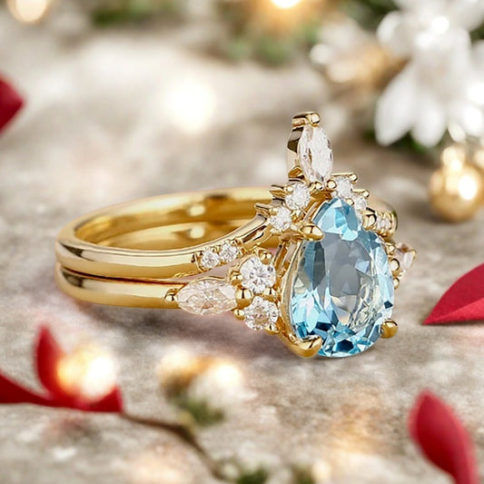 6*8mm Pear shaped Aquamarine engagement ring set engagement ring Solid 14K Moissanite Gemstone vintage Bridal anniversary gift for women