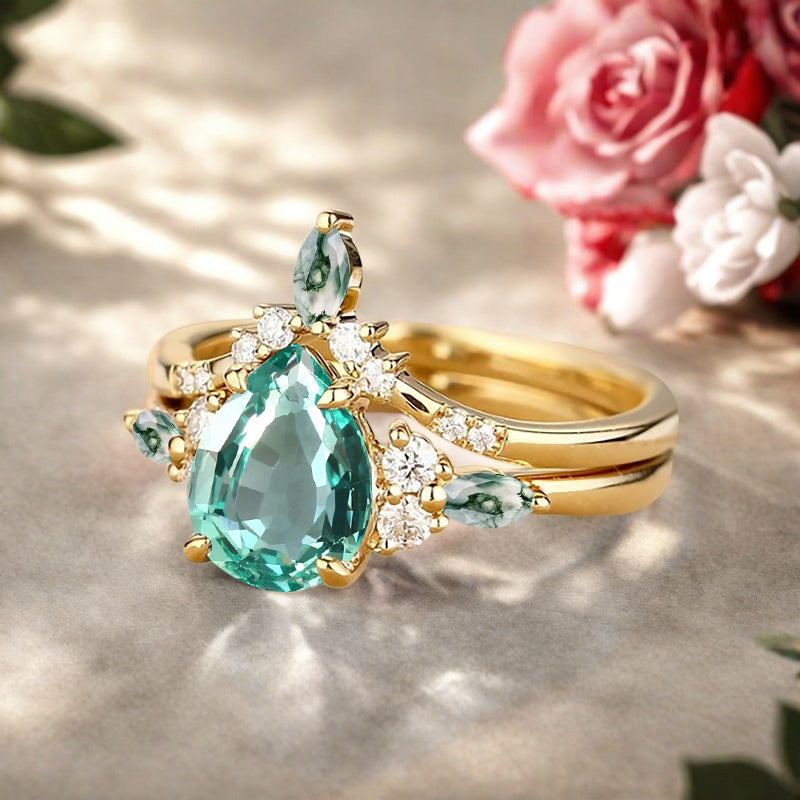 6*8mm Pear shaped Tsavorite engagement ring set engagement ring Solid 14K Moissanite Gemstone vintage Bridal anniversary gift for women