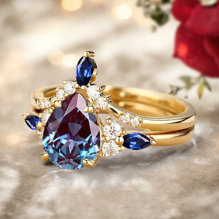 6*8mm Pear shaped Alexandrite engagement ring set engagement ring Solid 14K Moissanite Gemstone vintage Bridal anniversary gift for women