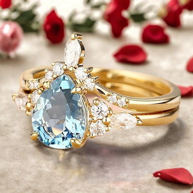 6*8mm Pear shaped Aquamarine engagement ring set engagement ring Solid 14K Moissanite Gemstone vintage Bridal anniversary gift for women