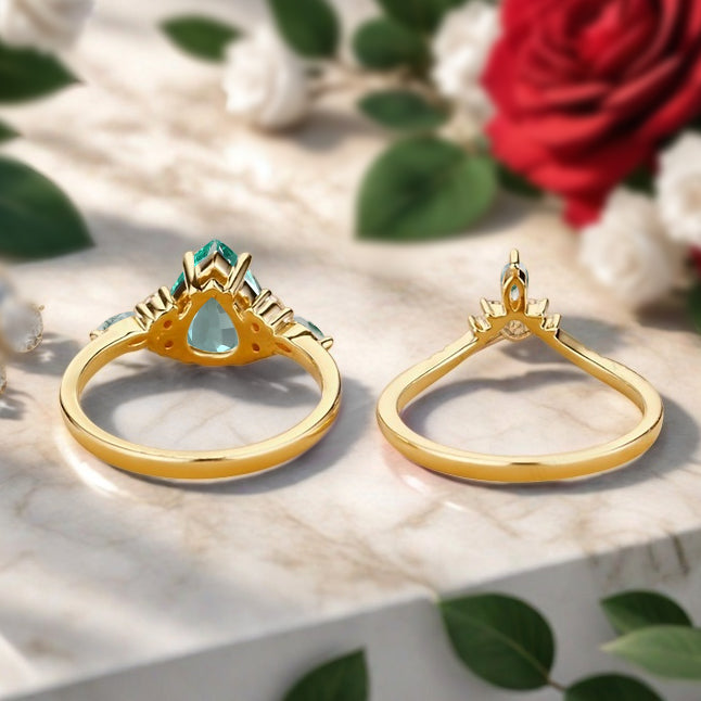 6*8mm Pear shaped Tsavorite engagement ring set engagement ring Solid 14K Moissanite Gemstone vintage Bridal anniversary gift for women