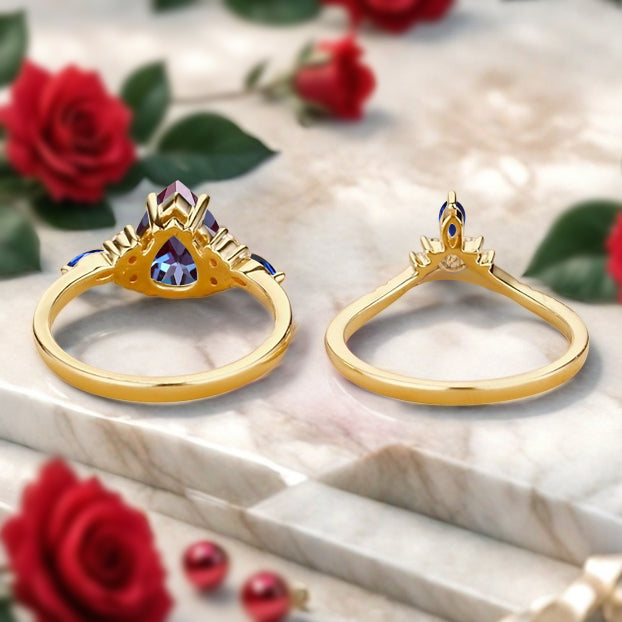 6*8mm Pear shaped Alexandrite engagement ring set engagement ring Solid 14K Moissanite Gemstone vintage Bridal anniversary gift for women