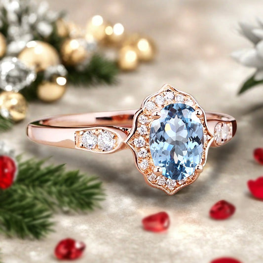 Vintage Aquamarine Engagement Ring Oval Shape Anniversary Ring Solid Gold Solitaire Ring for Women