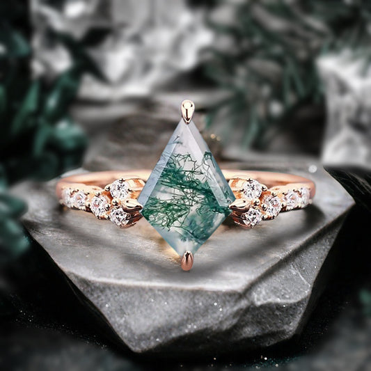 Vintage Kite Shape Alexandrite & Ruby & Moss Agate & Moonstone Ring Unique Promise Bridal Ring