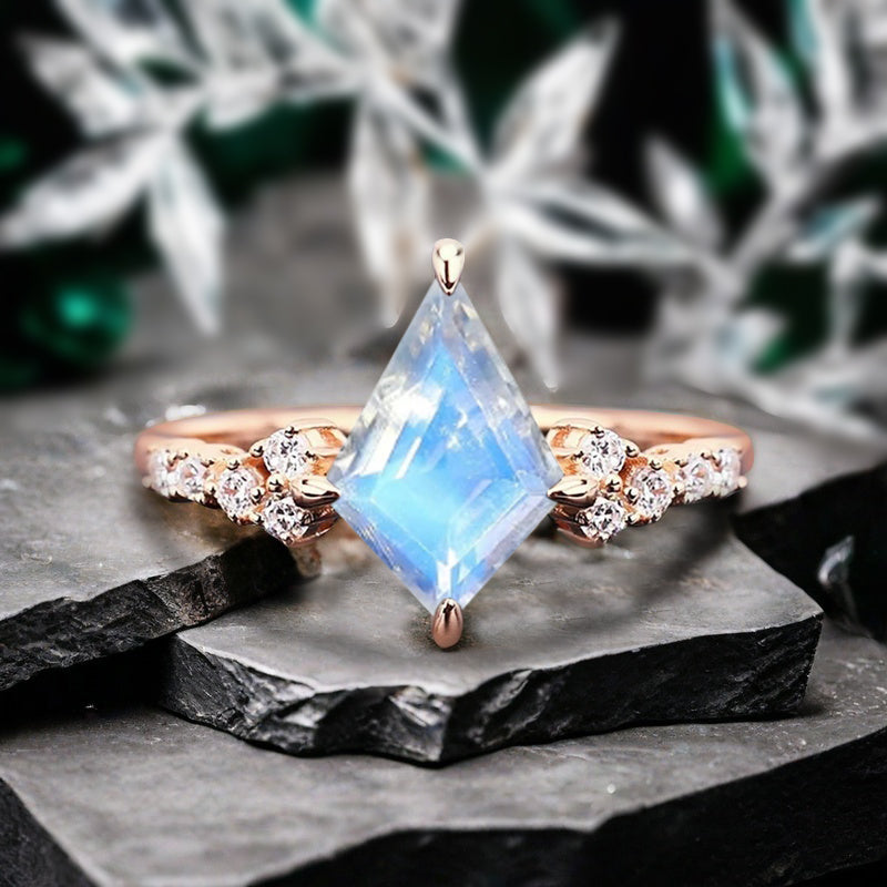 Vintage Kite Shape Alexandrite & Ruby & Moss Agate & Moonstone Ring Unique Promise Bridal Ring