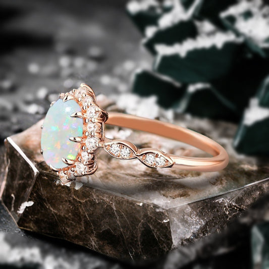 Vintage Opal Engagement Ring Oval Shape Anniversary Ring Solid Gold Solitaire Unique Opal Ring for Women