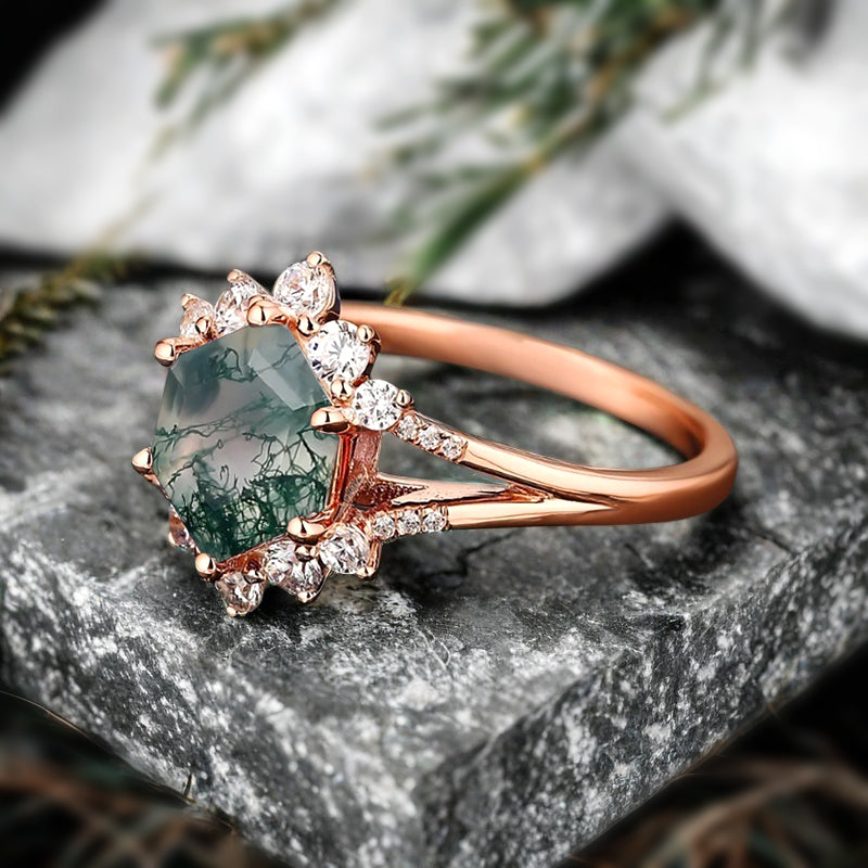 Vintage Moss Agate Engagement Ring Hexagon Shape Anniversary Ring Solid Gold Solitaire Unique Moss Agate Ring for Women
