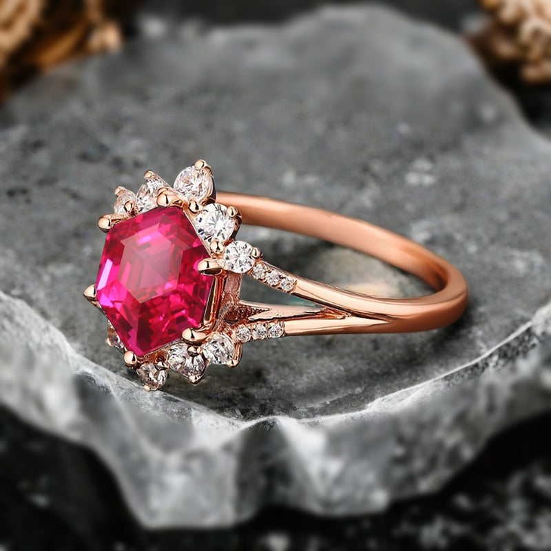 Vintage Ruby Engagement Ring Hexagon Shape Anniversary Ring Solid Gold Solitaire Unique Ruby Ring for Women