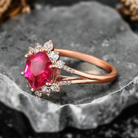 Vintage Ruby Engagement Ring Hexagon Shape Anniversary Ring Solid Gold Solitaire Unique Ruby  Ring for Women