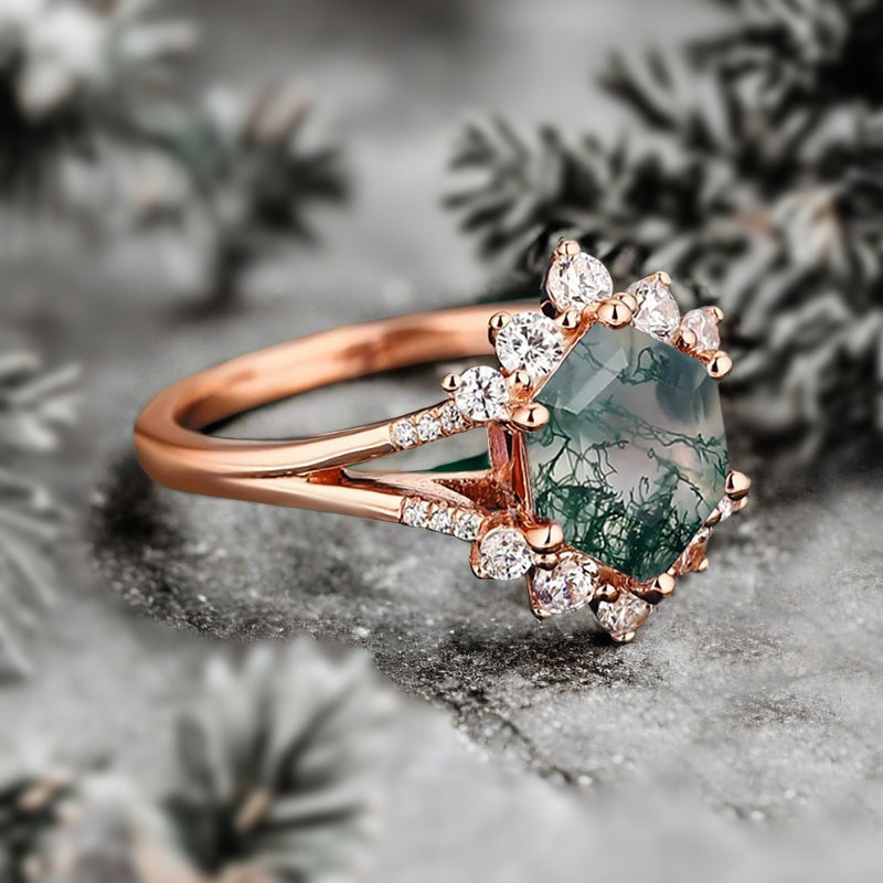 Vintage Moss Agate Engagement Ring Hexagon Shape Anniversary Ring Solid Gold Solitaire Unique Moss Agate Ring for Women