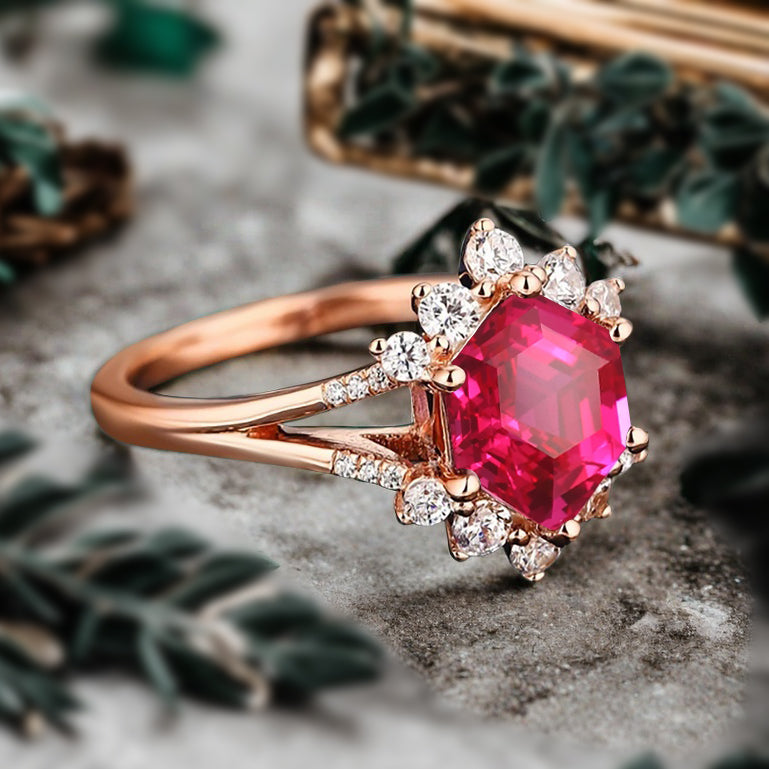 Vintage Ruby Engagement Ring Hexagon Shape Anniversary Ring Solid Gold Solitaire Unique Ruby Ring for Women