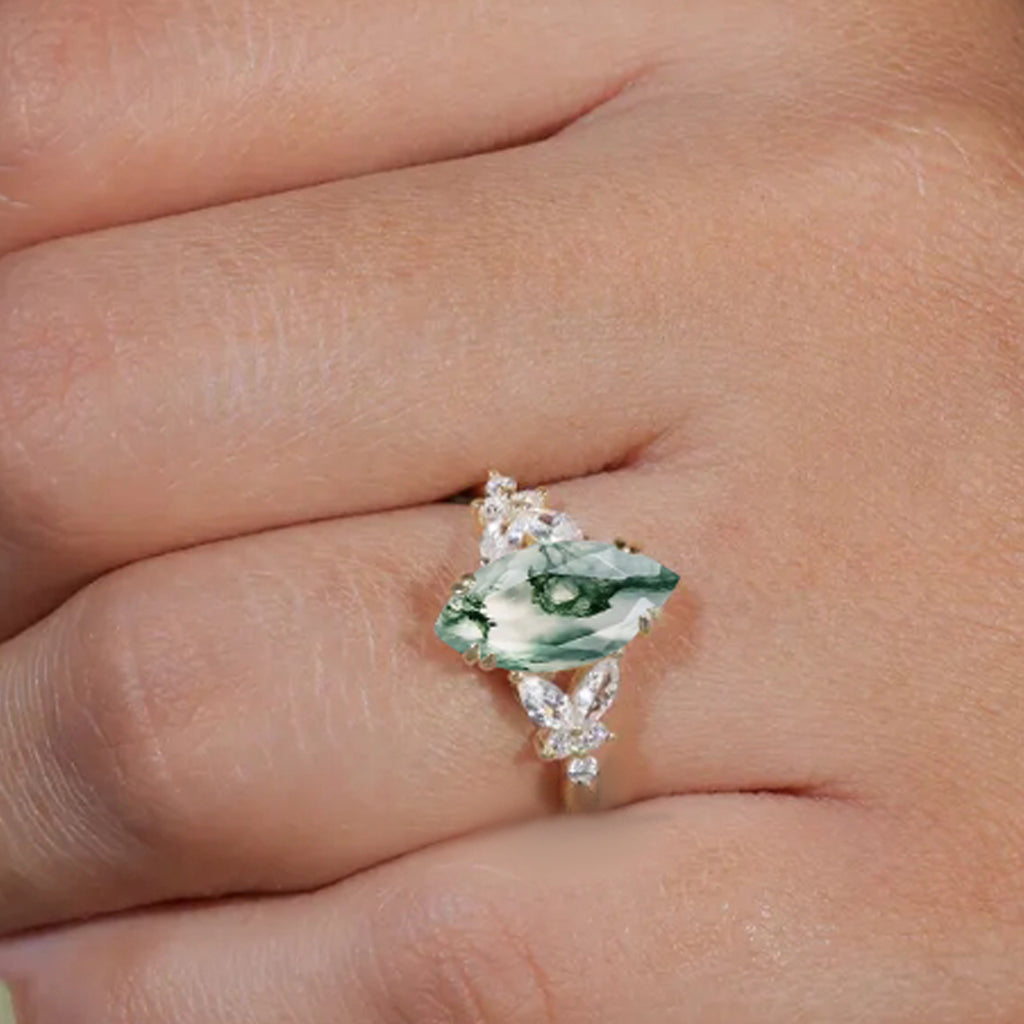 Marquise cut Moss Agate Engagement ring set Vintage Rose Gold Cluster Marquise cut Diamond Bridal set Promise Anniversary Ring Set Women