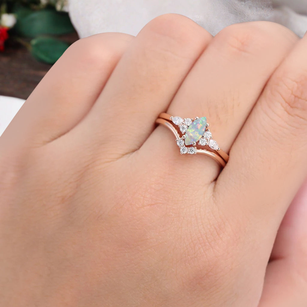 Unique Marquise Cut Opal Wedding Ring Set 14K Solid Gold Ring Unique Pink White Agate Bridal Ring Set Art Deco Stackable Ring