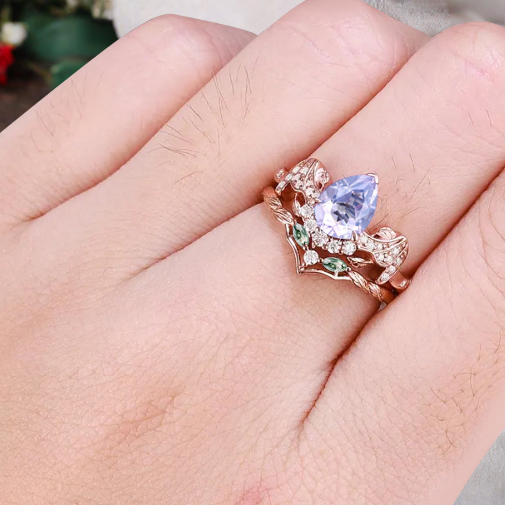 Vintage Pear Cut Amethyst Engagement Ring Set Unique Rose Gold Cluster Moss Agate Bridal Ring Set Bat Wing Wedding Ring Set Anniversary Gift