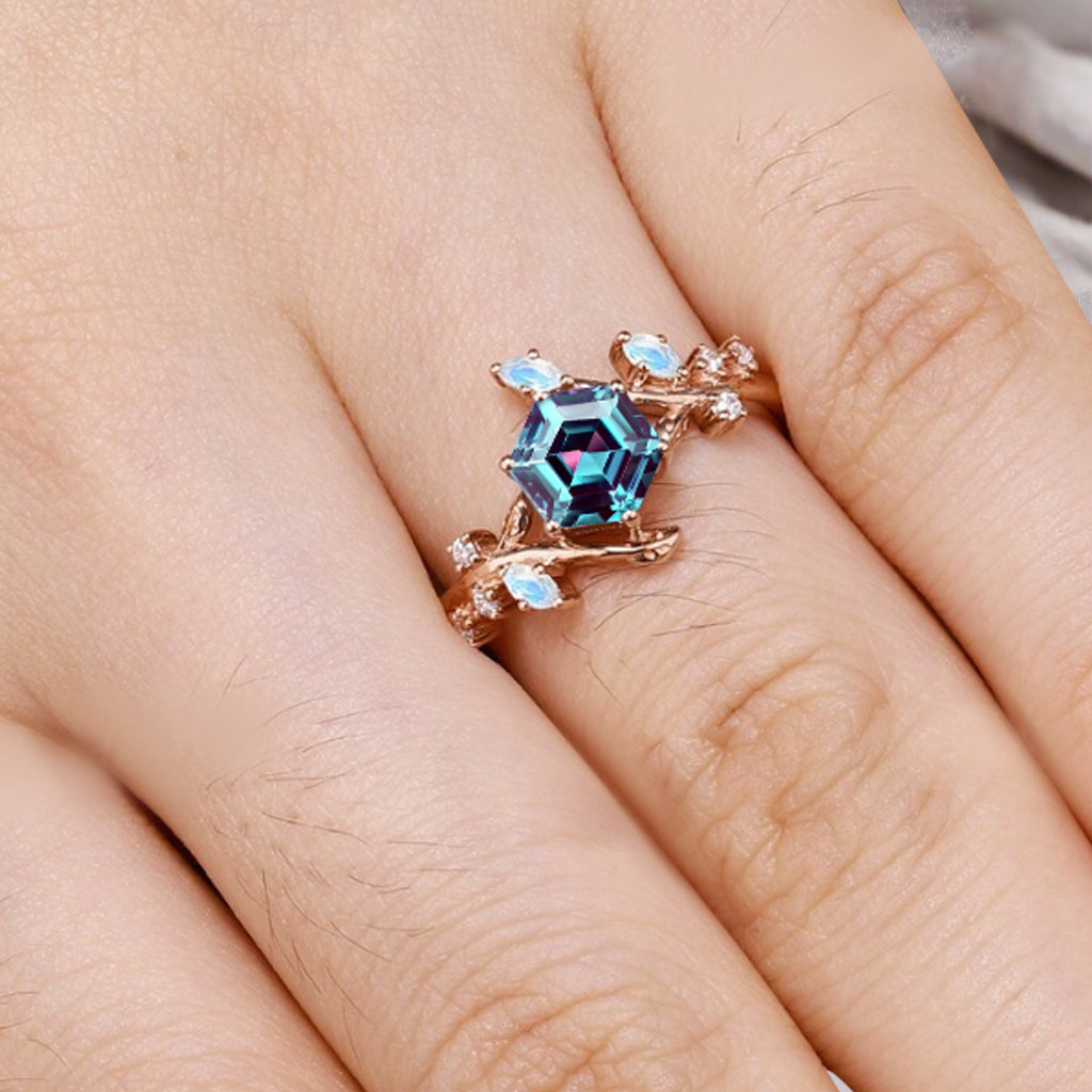 Hexagon Cut Blue Alexandrite Engagement Ring Solid 14k Rose Gold Branch Leaf Twig Moissanite Ring Vintage Marquise Cut Natural Ring Women Jewelry