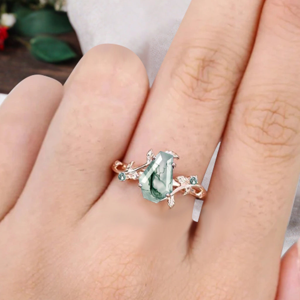 Art Deco Moss Agate Leaf Design Gemstone Ring Unique Vintage Coffin Cut Moss Agate Engagement Ring Wedding Promise Ring For Women