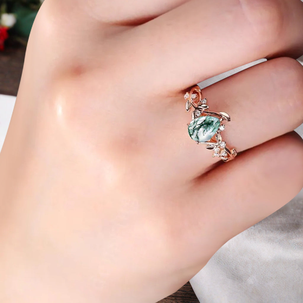 Unique Pear Cut Moss Agate Engagement Women Ring Vintage Rose Gold Art Deco Cluster Leaf Nature Inspired Bridal Wedding Ring