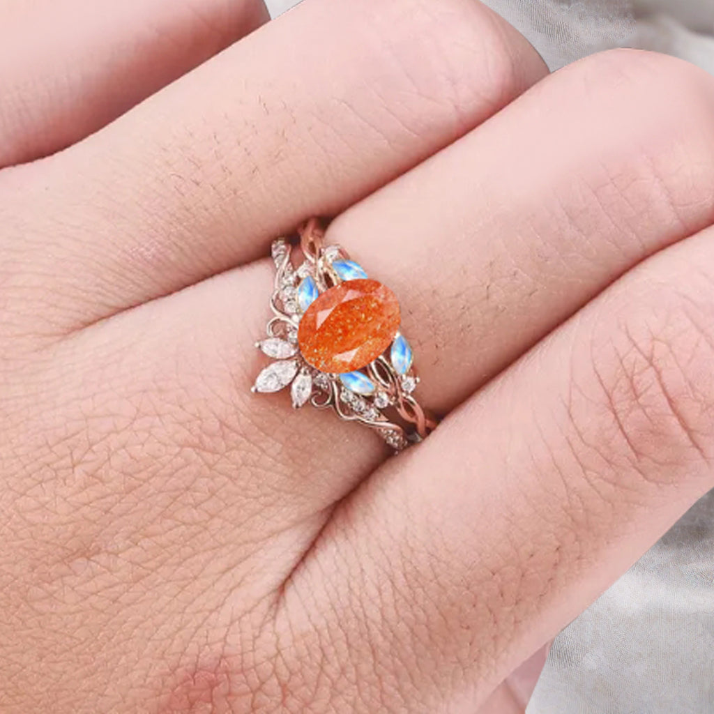 Unique Oval Cut Orange Sunstone Engagement Ring Set Vintage Rose Gold Art Deco Cluster Moonstone Moissanite Bridal Wedding Ring Set Gifts