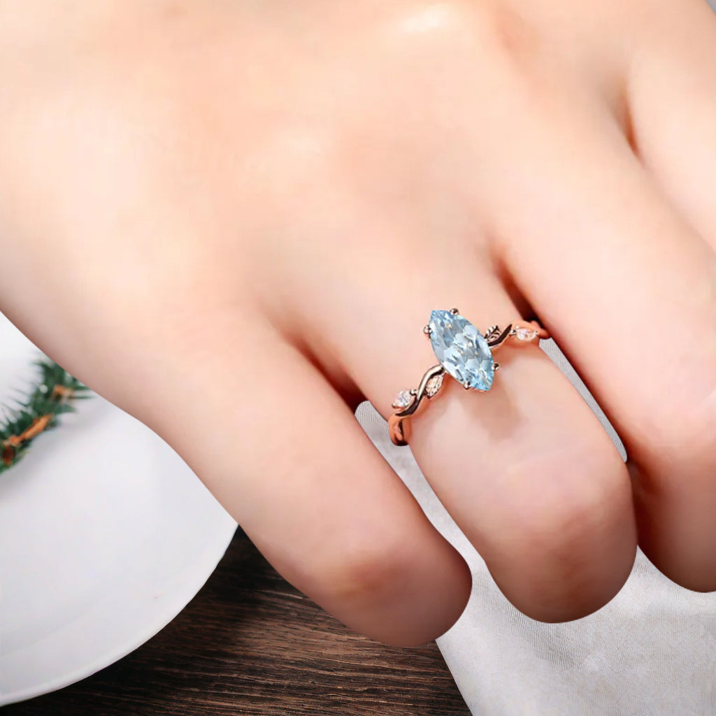 Marquise Aquamarine Engagement Ring Moissanite Cluster Promise Ring Rose Gold Art Deco Blue Aquamarine Leaf Design Ring Anniversary Gift
