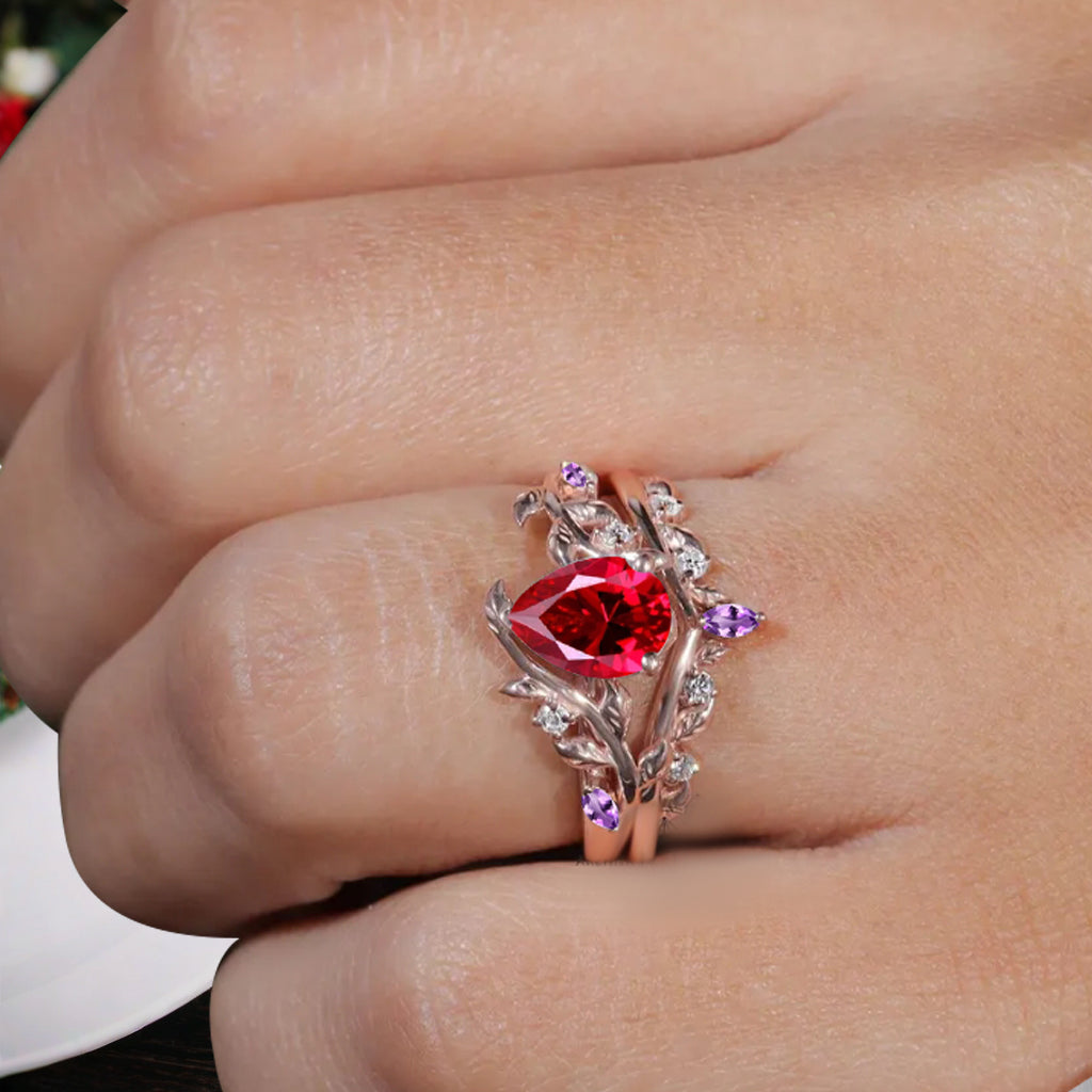 Unique Pear Cut Ruby Engagement Women Ring Vintage Rose Gold Art Deco Cluster Leaf Nature Inspired Amethyst Bridal Wedding Ring Set