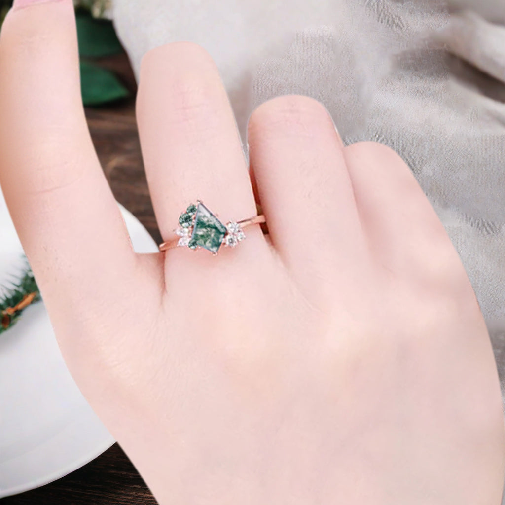 Vintage Kite Shape Moss Agate Ring Unique Promise Bridal Ring