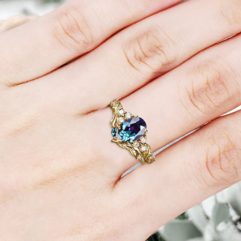 Vintage Oval Shape Alexandrite Engagement Ring Set Unique Alexandrite Gemstone Promise Bridal Ring Set Anniversary Gift