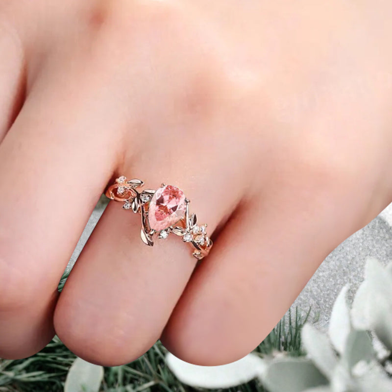 Unique Pear Cut Pink Sapphire Engagement Women Ring Vintage Rose Gold Art Deco Cluster Leaf Nature Inspired Bridal Wedding Ring