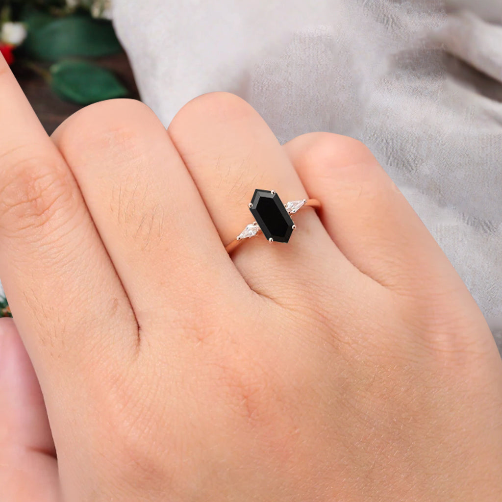 Vintage Hexagon Cut Black Onyx Ring Moissanite Engagement Ring Unique Promise Bridal Ring
