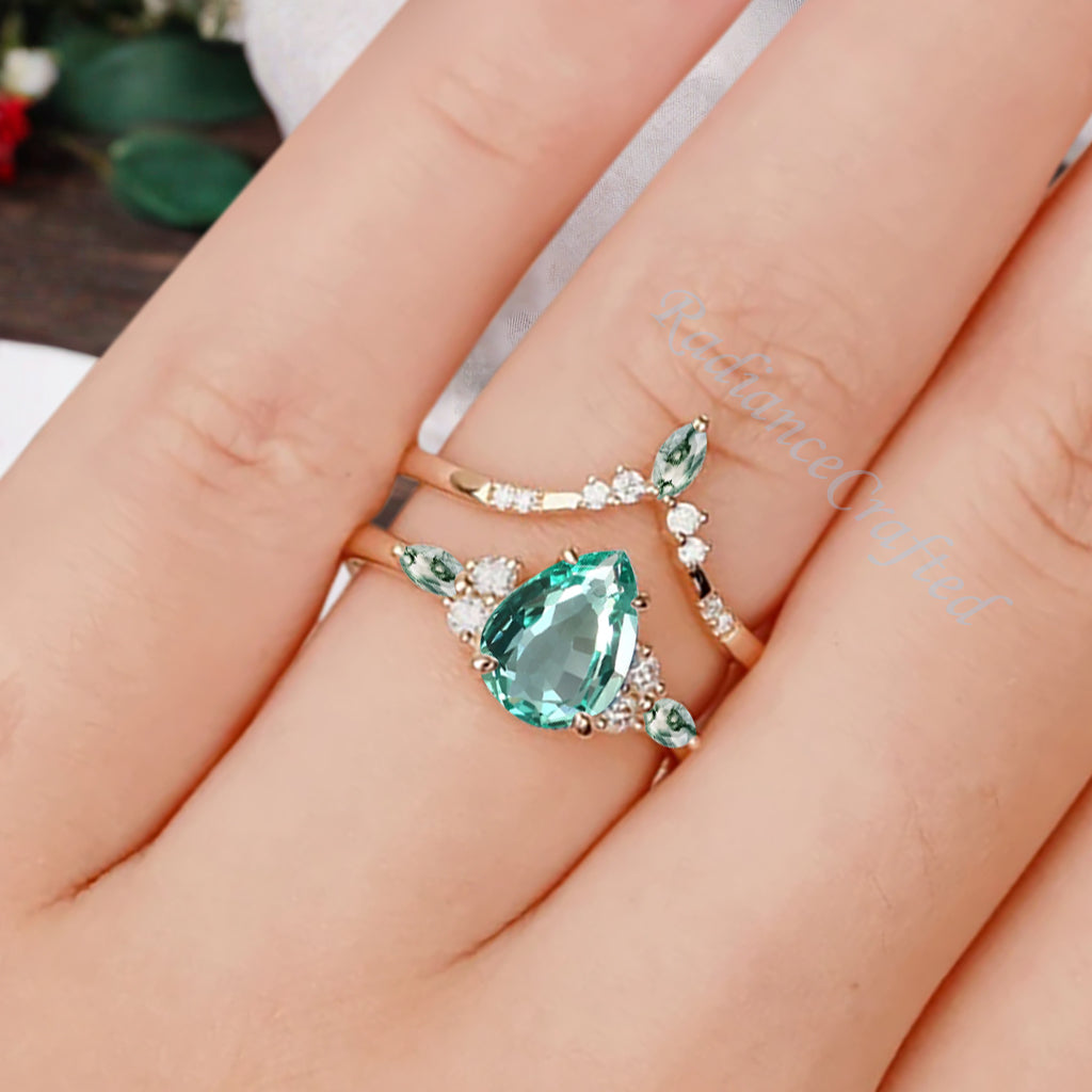 6*8mm Pear shaped Tsavorite engagement ring set engagement ring Solid 14K Moissanite Gemstone vintage Bridal anniversary gift for women