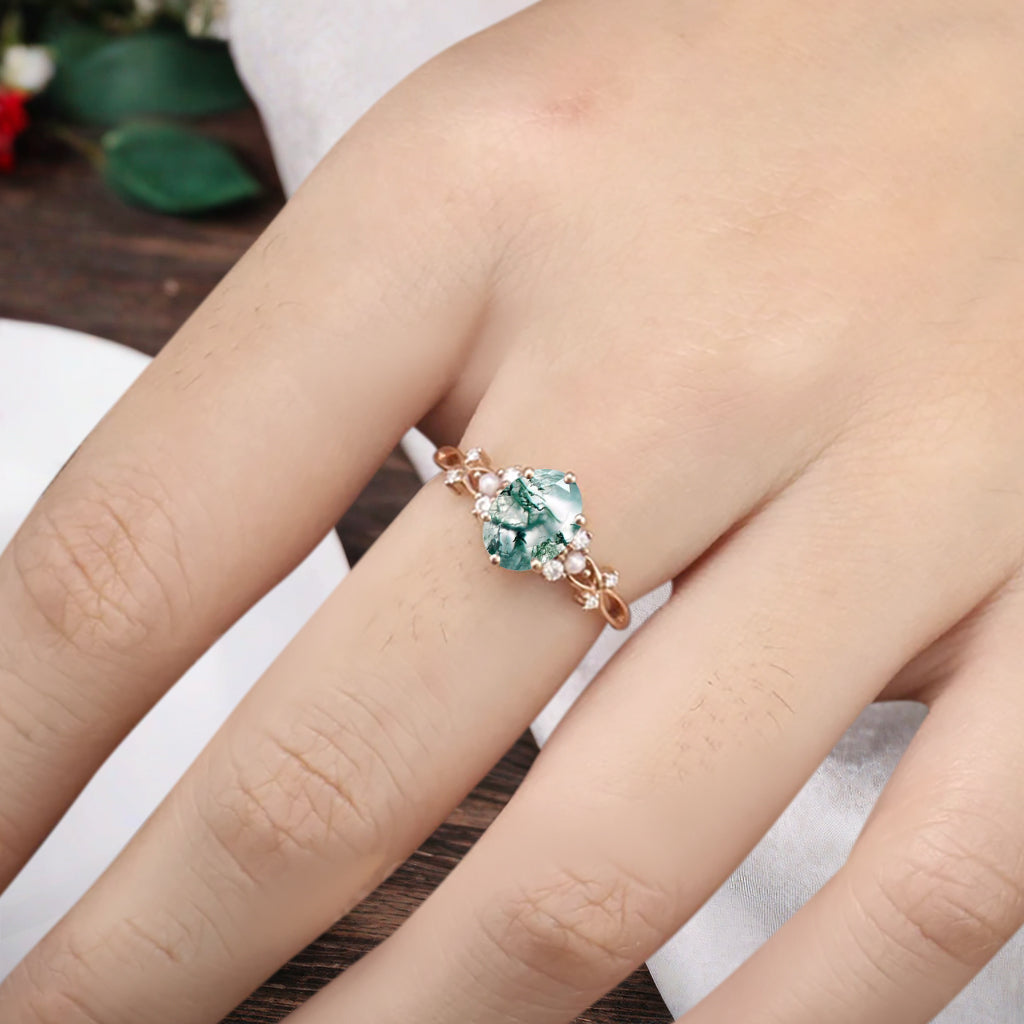 Vintage Oval Moss Agate Engagement Ring Unique Oval Moss Agate Promise Ring Ver.2
