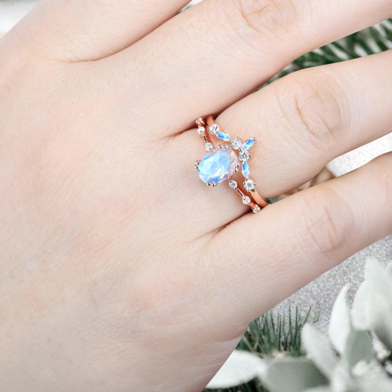 Vintage Birnenform Aquamarin Verlobungsring Set Unikat Versprechen Brautring Set Jubiläumsgeschenk