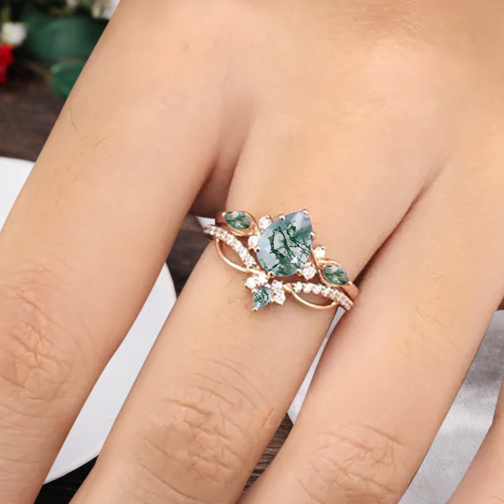 Bague de fiançailles vintage en forme de poire avec aigue-marine, ensemble de bagues de mariage uniques, cadeau d'anniversaire