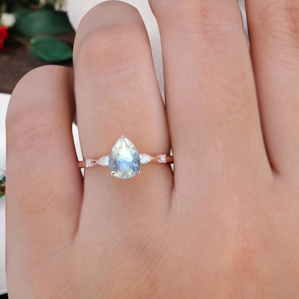 Pear Moonstone Engagement Ring in Rose Gold with Moissanite Accents | 3 Prong Dainty Pear Cut Moonstone Bridal Ring | Unique Gift for Her