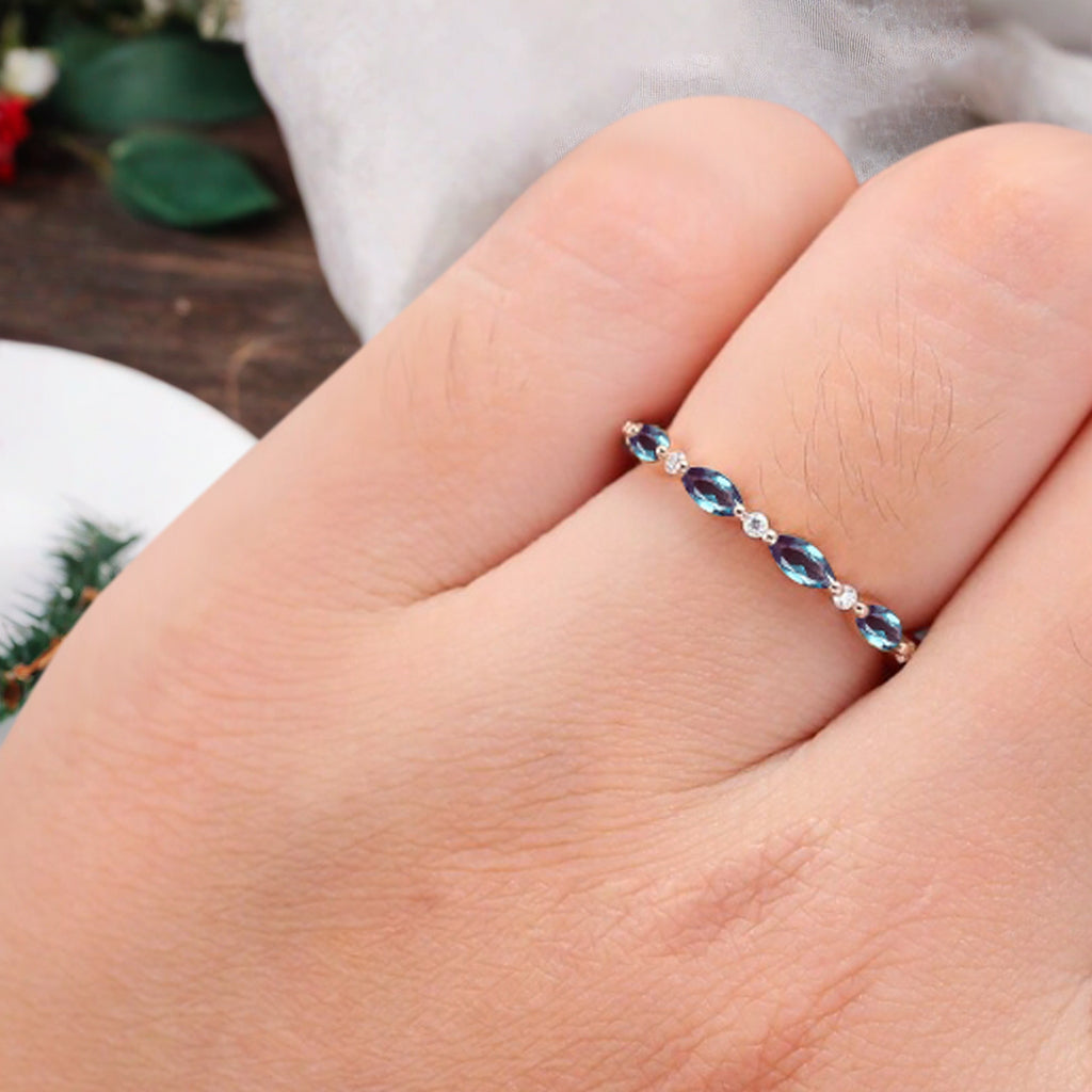 Unique Marquise Alexandrite wedding band Rose gold moissanite wedding band women full eternity matching stacking ring Anniversary gift for her