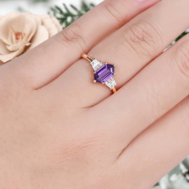 Vintage Hexagon Cut Natural Amethyst Ring Unique Amethyst Engagement Ring Art Deco Amethyst Ring Handmade Rose Gold Bridal Promise Ring