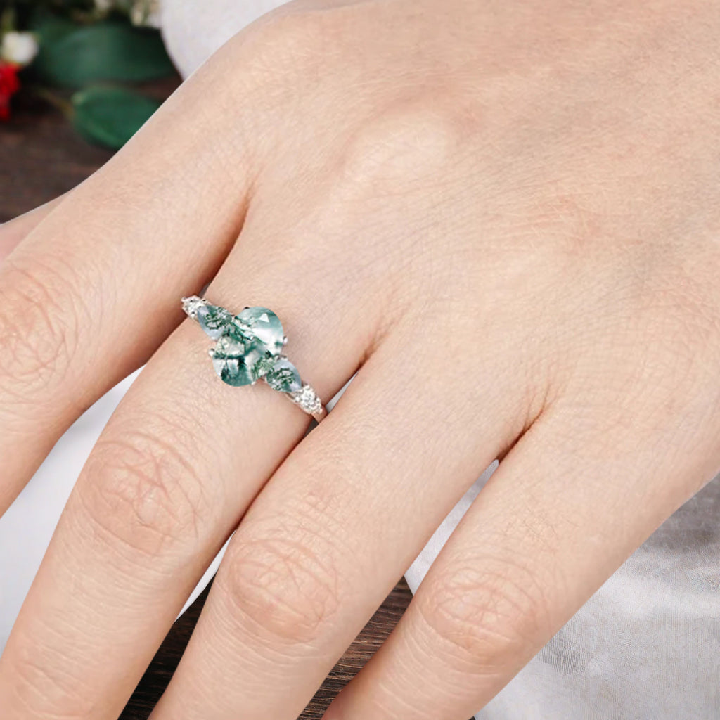 Vintage Oval Moss Agate Engagement Ring Unique Moss Agate Sidestones Oval Gemstone Promise Ring