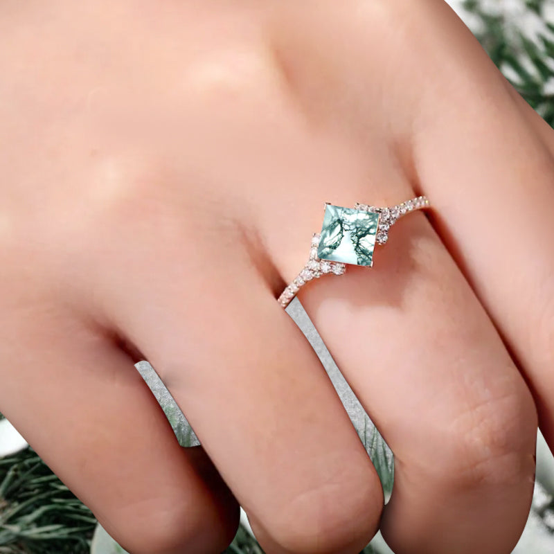Princess Moss Agate Engagement Ring 14K Solid Gold Promise Ring Cluster Diamond Ring Unique Bridal Moissanite Promise Ring Gift For Her
