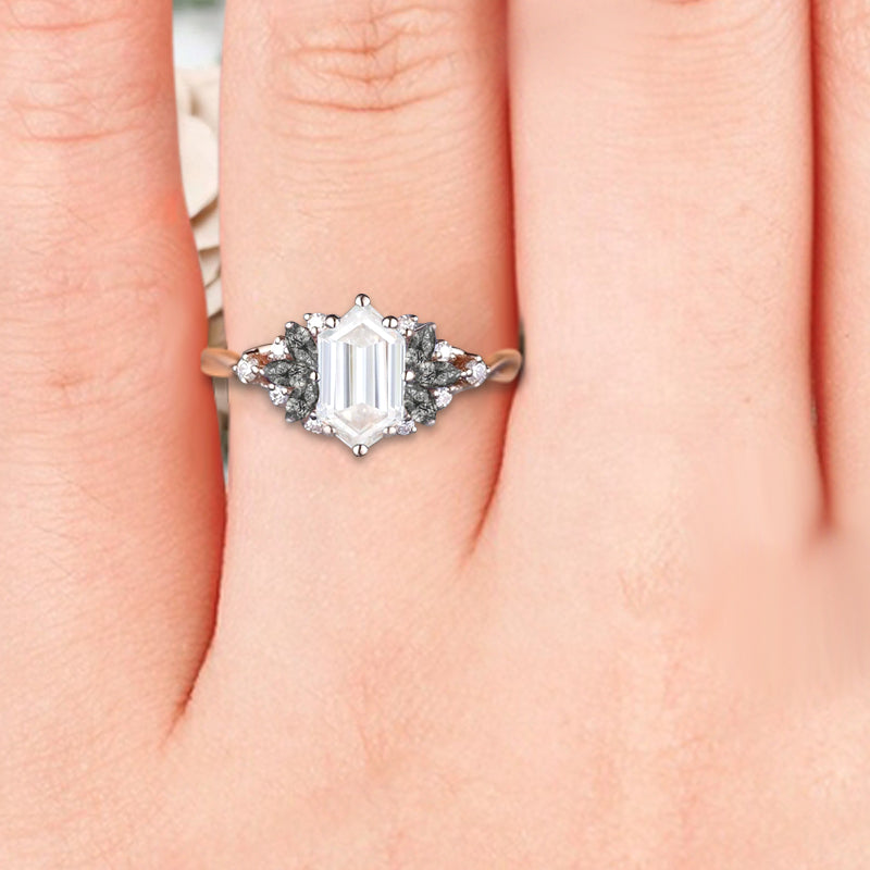 Vintage Hexagon Cut Moissanite Engagement Ring Black Rutilated Quartz Wedding Ring Art Deco Rose Gold Dainty Bridal Ring Anniversary Ring