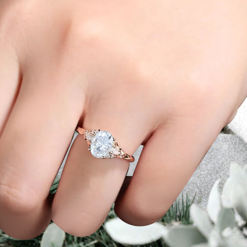 Bague de fiançailles vintage ovale en pierre de lune, bague de promesse unique en opale et moissanite
