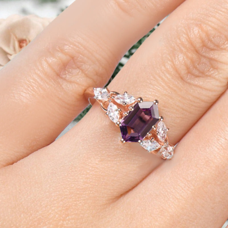 Hexagon Cut Amethyst Engagement Ring Set Vintage Unique 14k Rose Gold Purple Amethyst Ring For Women Unique Bridal Wedding Ring Set Anniversary Gift