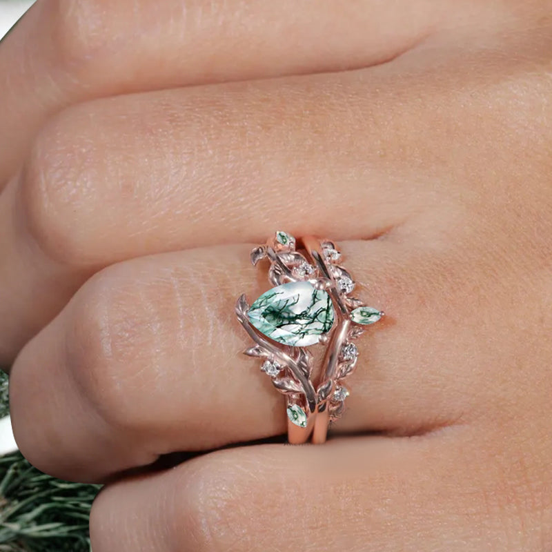 Unique Pear Cut Moss Agate Engagement Women Ring Vintage Rose Gold Art Deco Cluster Leaf Nature Inspired Moss Agate Bridal Wedding Ring Set