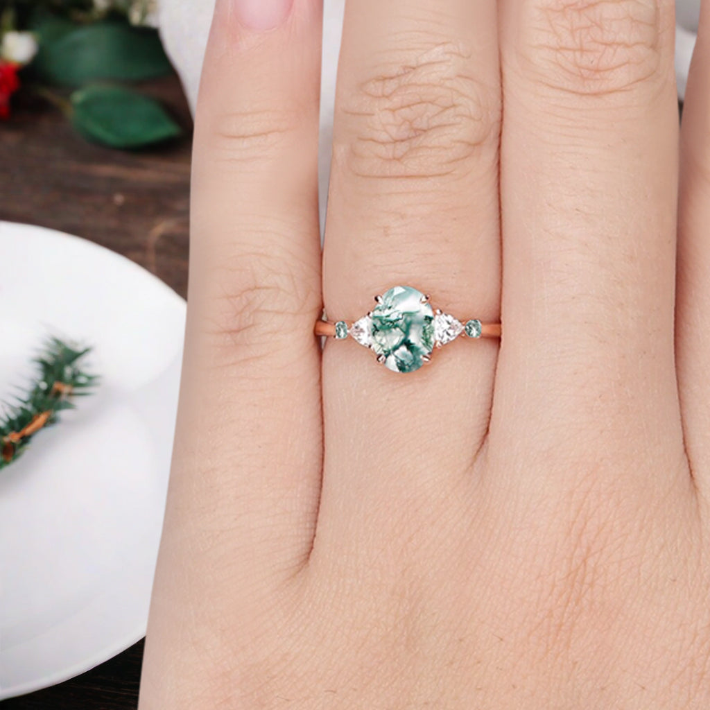 Vintage Oval Shape Moss Agate Engagement Ring Set Unique Moss Agate Gemstone Promise Bridal Ring