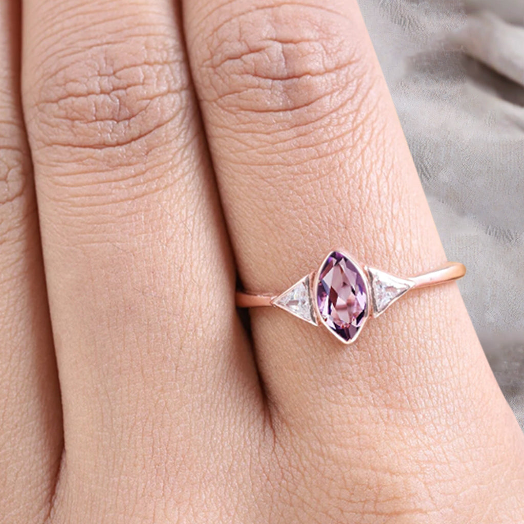 Unique Vintage Marquise Cut Amethyst Ring Solitaire Engagement Ring Art Deco Amethyst Ring Handcrafted 14k Rose Gold Ring Bridal Promise Ring