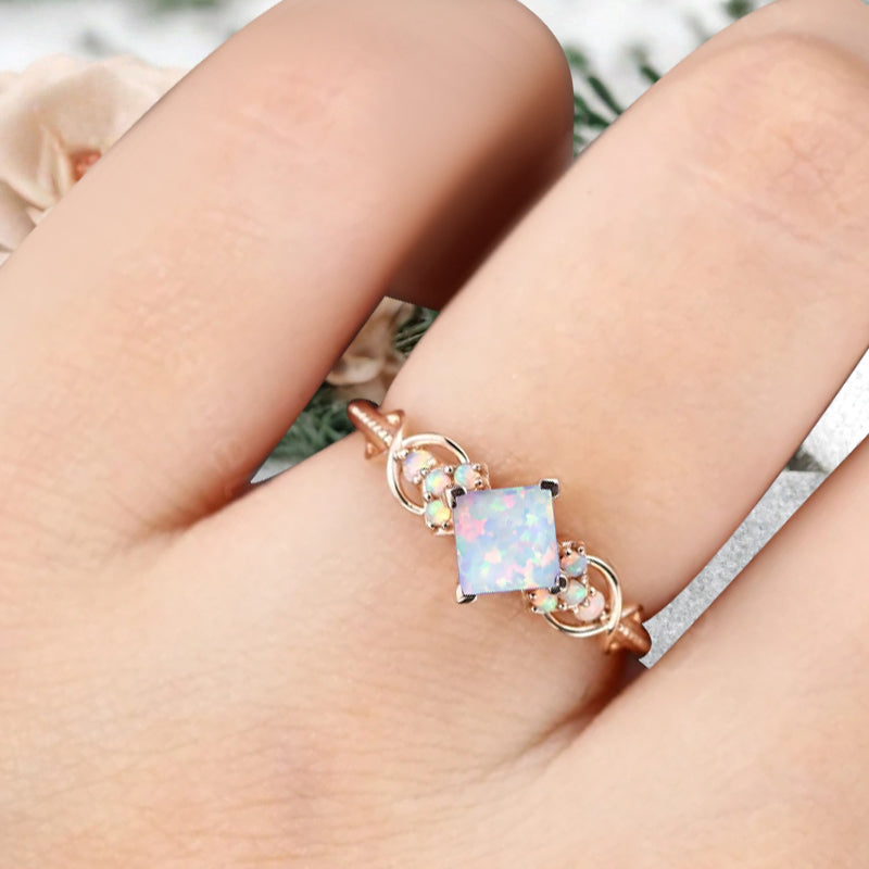 Princess Cut opal engagement ring Rose gold opal wedding ring Dainty diamond bridal ring Twist promise ring Marriage ring Anniversary ring