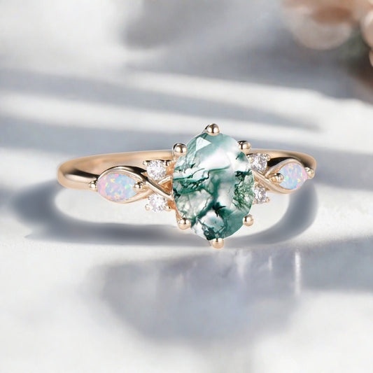 Vintage Oval Moss Agate Engagement Ring Oval Opal Promise Ring